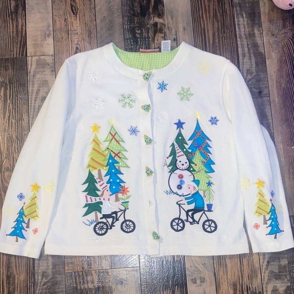 Vintage Onque Ugly Christmas Sweater Jacket with Colorful Tree and Snowman